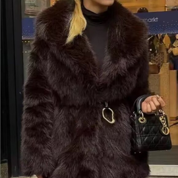 Jackets & Blazers - Women's Faux Fur Coat belted shaggy coat- chocolate Brown